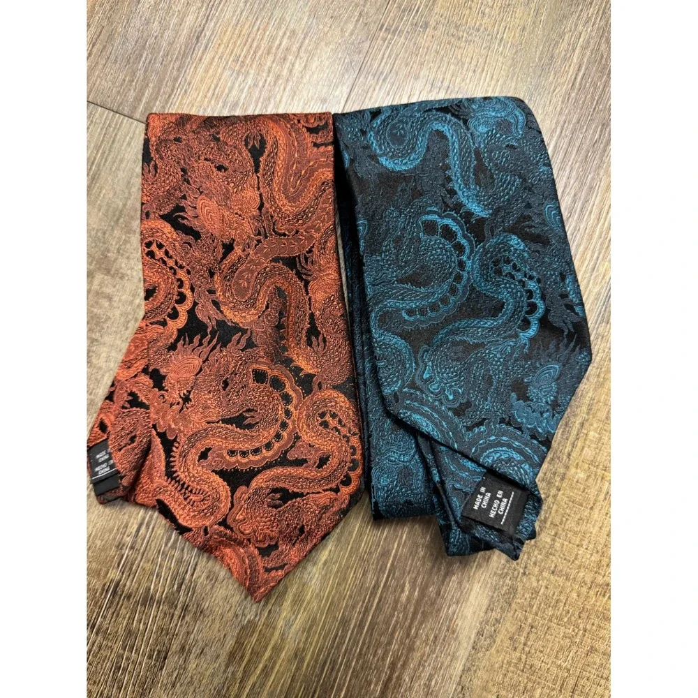 J. Ferrar Dragon Jacquard Necktie‎ Set Teal & Orange Woven Silk-Look Ties 2pc